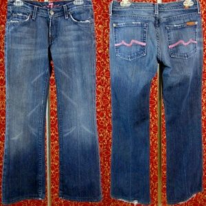 7 For All Mankind Blue Flare Jeans with Pink Stitching